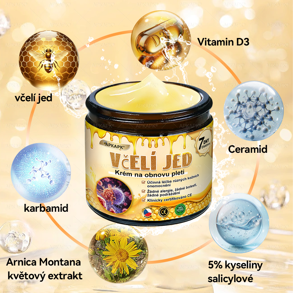 😋😋Dermatologicky a klinicky testováno👩‍⚕️APKAPK®Bee Venom Krém na obnovení pleti🐝 pomáhá při léčbě kožních problémů, jako jsou: vrásky, jizvy, pigmentové skvrny, strie, akné, psoriáza, ekzém, kožní změny, podráždění, záněty a další kožní problémy.